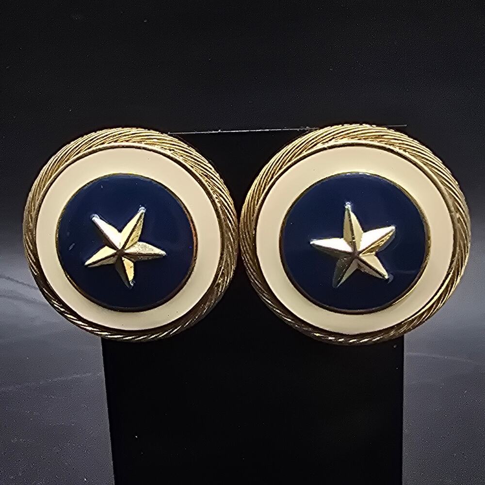 Nautical Star Earrings Navy Blue Cream Enamel Vintage 1990s Jewelry